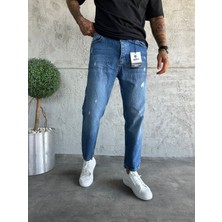 KağanKY Mavi Lazer Detaylı Boyfriend Jean Erkek Günlük Denim 33 Beden Desenli Kesim