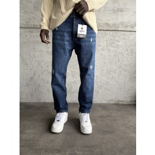 KağanKY Lacivert Lazer Detaylı Boyfriend Jean