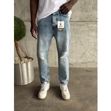 KağanKY Mavi Taşlamalı Diz Yırtık Boyfriend Jean