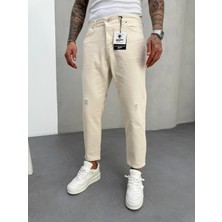 KağanKY Krem Lazer Detaylı Boyfriend Jean