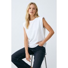 Poupee Beyaz Kadın T-Shirt, Kolsuz Vatkalı T-Shirt, Beyaz T-Shirt, Beyaz Vatkalı Bluz