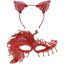 AlaNova Alano Alevin Zarafeti Kırmızı Dantel Maske ve Taç Seti 4 No – Kadın Kostüm Tamamlayıcı Va7