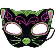 Platin Store Pilatin Siyah Kadife Kaplama Üzeri Pembe Yeşil Sim Işlemeli Kedi Maskesi 20X13 cm Zeyd