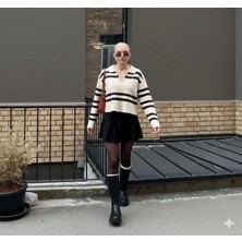 Yuga Knitting Polo Yaka Cizgili Kadın Basic Trend Kazak