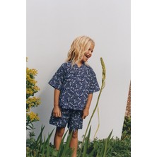 Magu Unisex Çocuk Pamuklu Lacivert Desenli T-Shirt ve Şort Takım