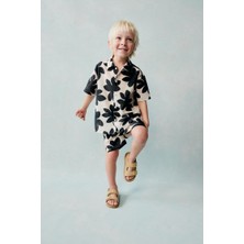 Magu Erkek Çocuk Pamuklu Bej Siyah Desenli Gömlek ve Şort Takım