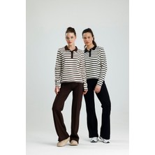 Rose Arya Siyah Yaka Çizgili Düğmeli Uzun Kol Polo Yaka Tshirt