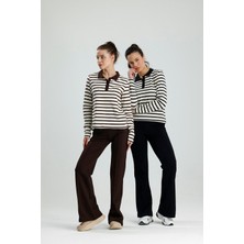 Rose Arya Kahve Yaka Çizgili Düğmeli Uzun Kol Polo Yaka Tshirt