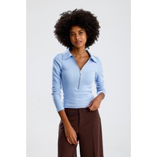 Rose Arya Mavi Polo Yaka Uzun Kollu Bluz