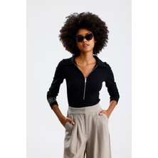 Rose Arya Siyah Polo Yaka Uzun Kollu Bluz