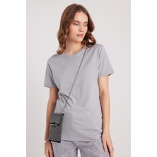Tudors Kadın Slim Fit Dar Kesim %100 Pamuk Yumuşak Dokulu Gri Bisiklet Yaka Tişört