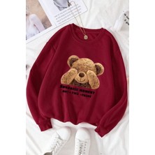 Trendseninle Kadın Bordo Utangaç Ayıcık Baskılı Bisiklet Yaka Sweatshirt