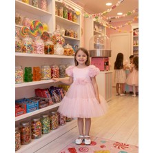 Butik Happy Kids Kız Çocuk Çiçek Detaylı Kat Kat Tül Abiye Elbise Pembe 2-6 Yaş
