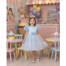 Butik Happy Kids Kız Çocuk Çiçek Detaylı Kat Kat Tül Abiye Elbise Bebe Mavi 2-6 Yaş