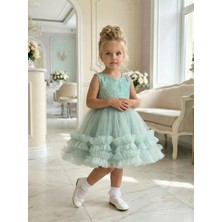 Butik Happy Kids Kız Çocuk Yeşil Payetli Volanlı Tüllü Prenses Abiye Elbise 1-5 Yaş
