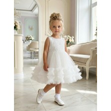 Butik Happy Kids Kız Çocuk Beyaz Payetli Volanlı Tüllü Prenses Abiye Elbise 1-6 Yaş