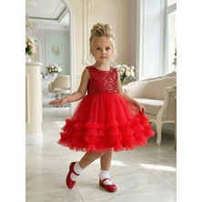 Butik Happy Kids Kız Çocuk Kırmızı Payetli Volanlı Tüllü Prenses Abiye Elbise 1-6 Yaş