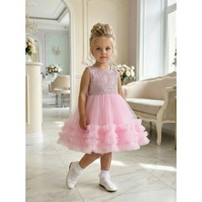 Butik Happy Kids Kız Çocuk Pembe Payetli Volanlı Tüllü Prenses Abiye Elbise 1-6 Yaş