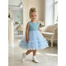 Butik Happy Kids Kız Çocuk Mavi Payetli Volanlı Tüllü Prenses Abiye Elbise 1-6 Yaş