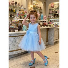 Butik Happy Kids Kız Çocuk Mavi Volanlı Tüllü Çiçek Detaylı Abiye Elbise  1-5 Yaş