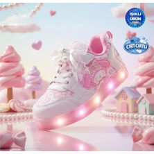Mocno Incili ve Fiyonklu Beyaz- Pembe Işıklı Kız Çocuk Sneaker Spor Ayakkabı