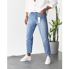 KağanKY Mavi Taşlamalı Boyfriend Jean