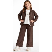 İrem Çocuk Giyim Kız Çocuk Taş ve Nakış Detaylı Gabardin Kumaş Ceket Pantolon Sweatshirt Kahverengi Renk Üçlü Takım