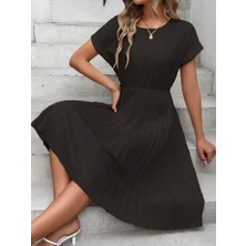 Serac Collection Kadın Kısa Kollu Yakası Açık Belden Lastikli Pileli Kısa Ithal Krep Elbise