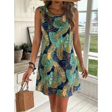 Pazarcan Kadın Sıfır Kollu Yuvarlak Yaka Desenli Süprem Elbise