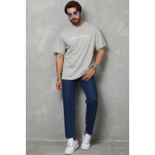 Pazarcan Unisex Bisiklet Yaka Baskılı Oversize T-Shirt - Gri