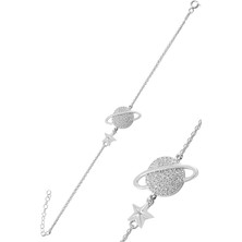 Çekirdek Jewelry 925 Ayar Gümüş Satürn Gezegen Figürlü Zirkon Taşlı Kadın Bileklik