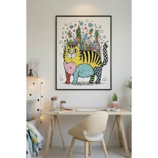 Safir Design Lüks Sarı ve Mavi Kedi Figürlü Modern Ahşap Çerçeveli Tablo