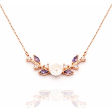Çekirdek Jewelry İnci Görünümlü Çiçek Tasarımlı Rose Altın Mor Taşlı Kolye 925 Aya