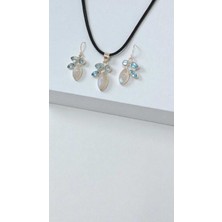 Lunel Silver Doğal Ay Taşı El Işçiliği 925 Ayar Gümüş Kolye Ucu ve Küpe Seti
