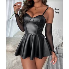 Intive Lingerie Intive Curvy Büyük Beden Deri Görünümlü Eldivenli Mini Gecelik (2xl/3xl)