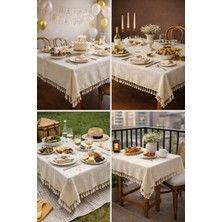 Perde Plus Püsküllü Keten Masa Örtüsü | Doğum Günü, Yemek & Piknik Için Şık Sofra Örtüsü