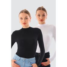 Penye Bizden Kadın Viskon Boğazlı Kopçalı Zıbın Body 2'li Set Siyah-Beyaz