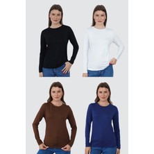 Penye Bizden Kadın Viskon Tişört 4'lü Set Uzun Kol Günlük Tarz Siyah Beyaz Lacivert Kahverengi