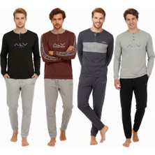 Bonbon Erkek Pamuklu Yakası Düğmeli Cepli Hediyelik Bohçalık Ve Çeyizlik 4 Adet 2'li Alt Üst Pijama Takımı BB2239