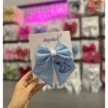 Asyakuş Stitch Nakışlı Mavi Fiyonk Otomatik  Saç Tokası