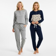 Bonbon Kadın Pamuklu Yakası Düğmeli Cepli Hediyelik Bohçalık Ve Çeyizlik 2 Adet 2'li Alt Üst Pijama Takımı BB2213