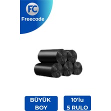 Freecode Standart Büyük Boy Çöp Torbası 10'lu 5 Rulo(65 x 80CM 50LT Siyah)
