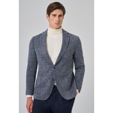 Morven  Erkek Marine Örme Trend Ekoseli Slim Fit Mono Yaka Ceket