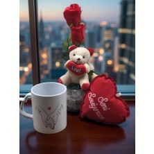 Masalsı Concept Dekoratif Gül ve Peluş Ayıcık Seti | Kupa ve Kalp Yastık Detaylı Şık Tasarım