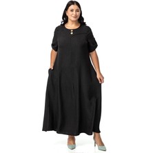 Disentis Modest Büyük Beden Katlamalı Yarım Kollu Apoletli Yırtmaçlı Uzun Siyah Elbise