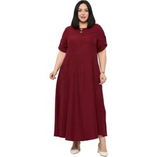 Disentis Modest Büyük Beden Katlamalı Yarım Kollu Apoletli Yırtmaçlı Uzun Bordo Elbise