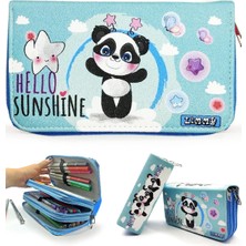 Delixa Limmy Kalem Panda Kawai Organizer Kalemkutu Vegan Deri Üç Bölmeli Kalemlik-Mavi