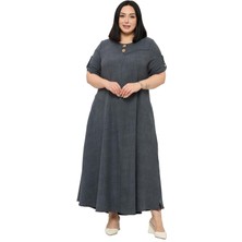 Disentis Modest Büyük Beden Katlamalı Yarım Kollu Apoletli Yırtmaçlı Uzun Antrasit Elbise