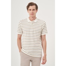 Morven  Erkek Ekru Trend Çizgili Dinamik Fit Polo Yaka T-Shirt
