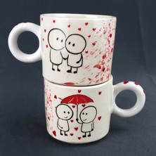 Özel Birşey Kırmızı Şemsiye Altında Aşk Temalı El Yapımı Seramik Fincan Seti